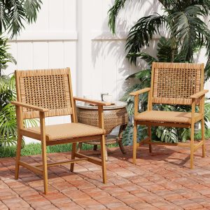 PHI VILLA Outdoor Acacia Wood Dining Chairs Set of 2, Armchairs with Strong Wicker Back & Seat, Farmhouse Style Teak Patio Deck Yard Balcony Garden Furniture