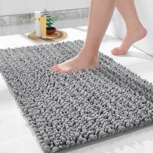 Yimobra Bathroom Rugs Non Slip Washable 24x17 Inch - Ultra Soft Absorbent Chenille Bath Mat, Quick Dry Shaggy Floor Carpet for Tub Shower, Gray Home Decor Accessories