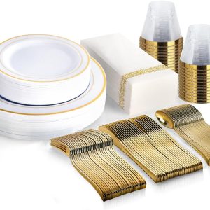 M MCIRCO 175 Piece Gold Dinnerware Set – 50 Plates – 25 Silverware – 25 Cups – 25 Paper Napkins, 25 Guest Disposable Gold Dinnerware Set