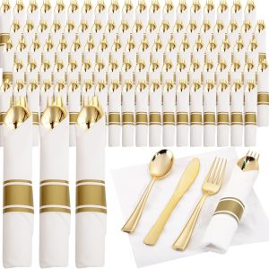 Supernal 120 Pack Gold Plastic Cutlery Set with Napkin, Wrapped Disposable Silverware, Pre Rolled Napkins