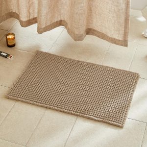 Waffle Bath Mat, Boho Bathroom Rugs Non Slip Washable Super Absorbent Quick Dry Farmhouse Bathroom Decor, 30″x20″ Khaki